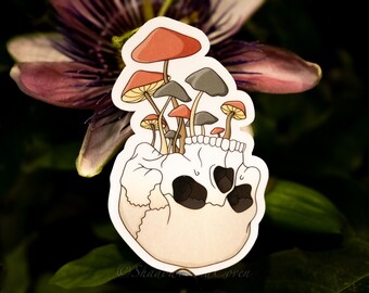 Pegatina de vinilo resistente al agua con calavera y hongos