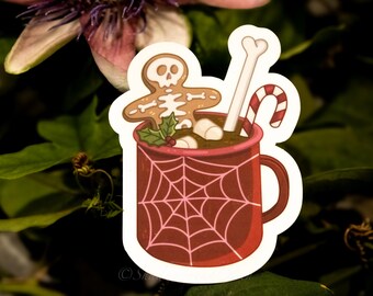 Adhesivo de vinilo resistente al agua con diseño de pan de jengibre y chocolate caliente de Dark Academia