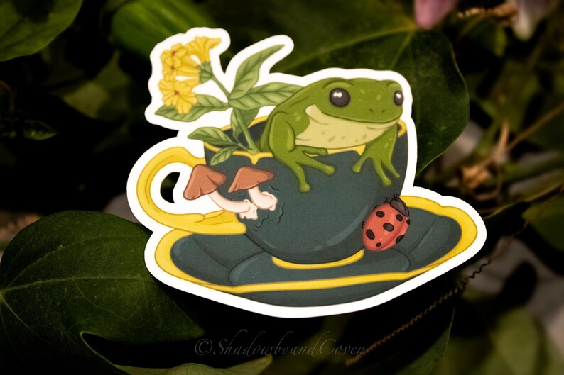 Op de afbeelding: Een groene kikker zit in een theekopje met een geel handvat en een schoteltje. Het theekopje heeft een gele rand en een lieveheersbeestje op het schoteltje. Er zitten gele bloemen en paddenstoelen in het theekopje.