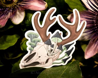 Pegatina de vinilo resistente al agua con forma de calavera de ciervo y hongo