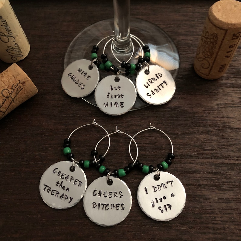Funny Wine Charms Hand Stamped Wine Charms Silver Wine Etsy