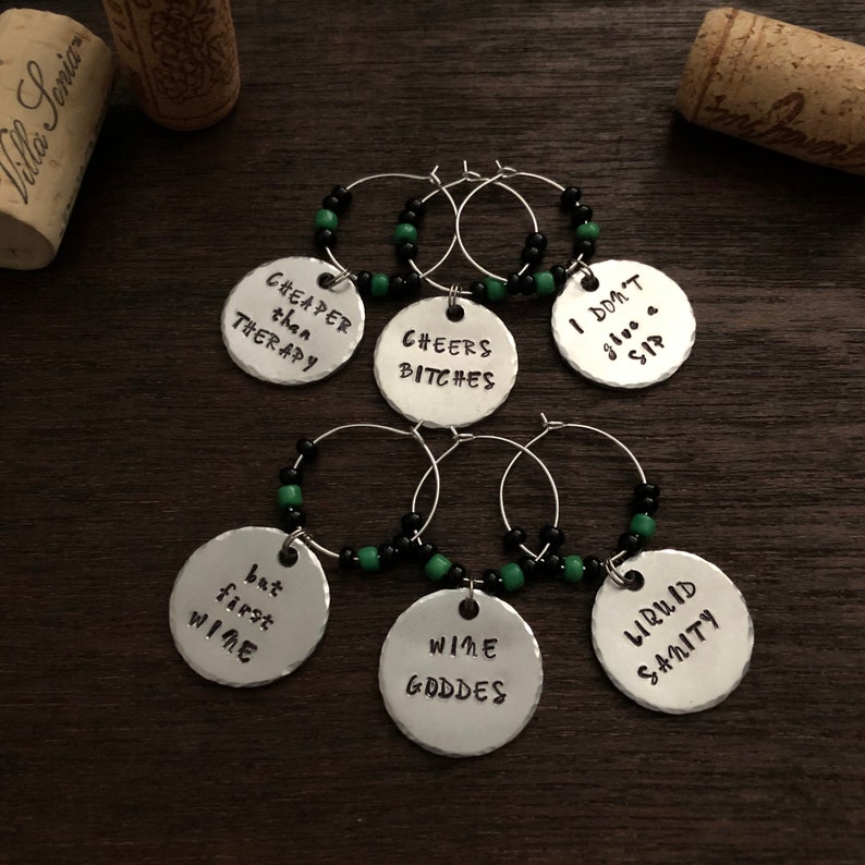 Funny Wine Charms Hand Stamped Wine Charms Silver Wine Etsy