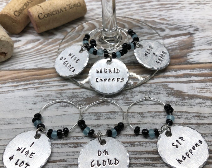 Funny Wine Charms, Hand Stamped Wine Charms, Silver Wine Charms, Personalized Wine Charms, Glass Charms, Wine Glass Markers, Drink Markers