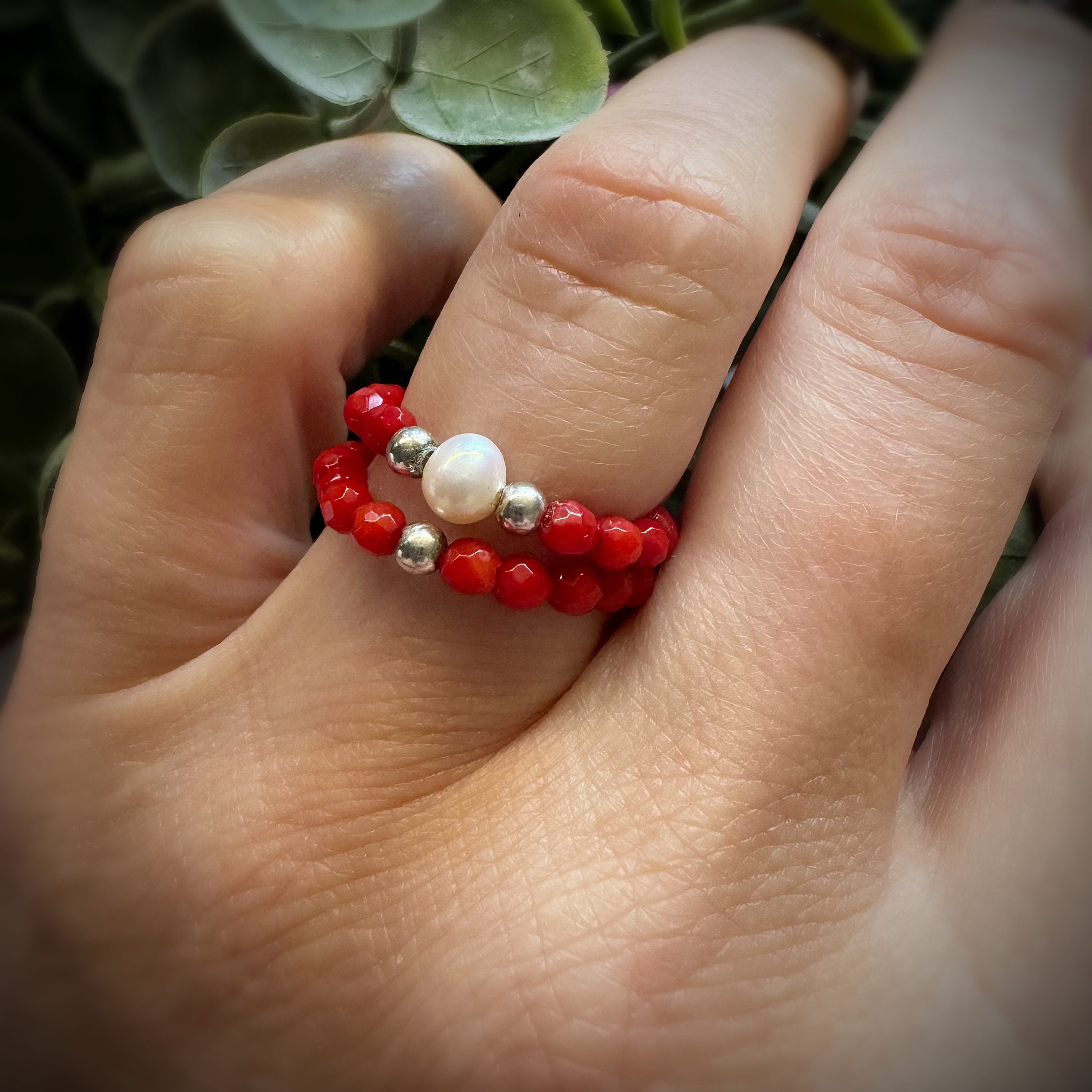 Freshwater Pearls Red Coral And Pearl Ring Beaded Freshwater Pearl