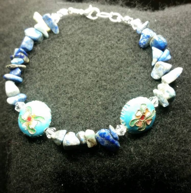 Cloisonne And Lapis Lazuli Bracelet Accented with Clear 4 mm bicone Crystals