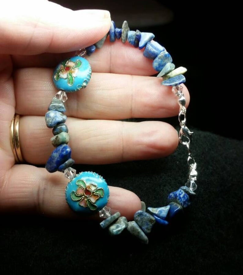 Cloisonne And Lapis Lazuli Bracelet Accented with Clear 4 mm bicone Crystals