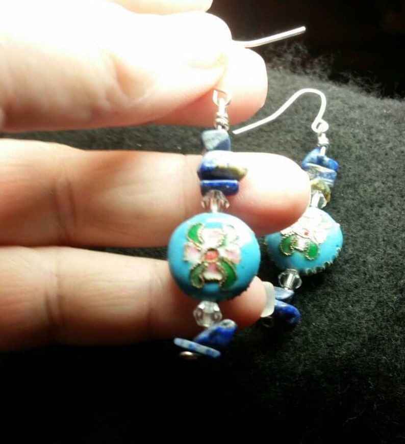Cloisonne And Lapis Lazuli Bracelet Accented with Clear 4 mm bicone Crystals