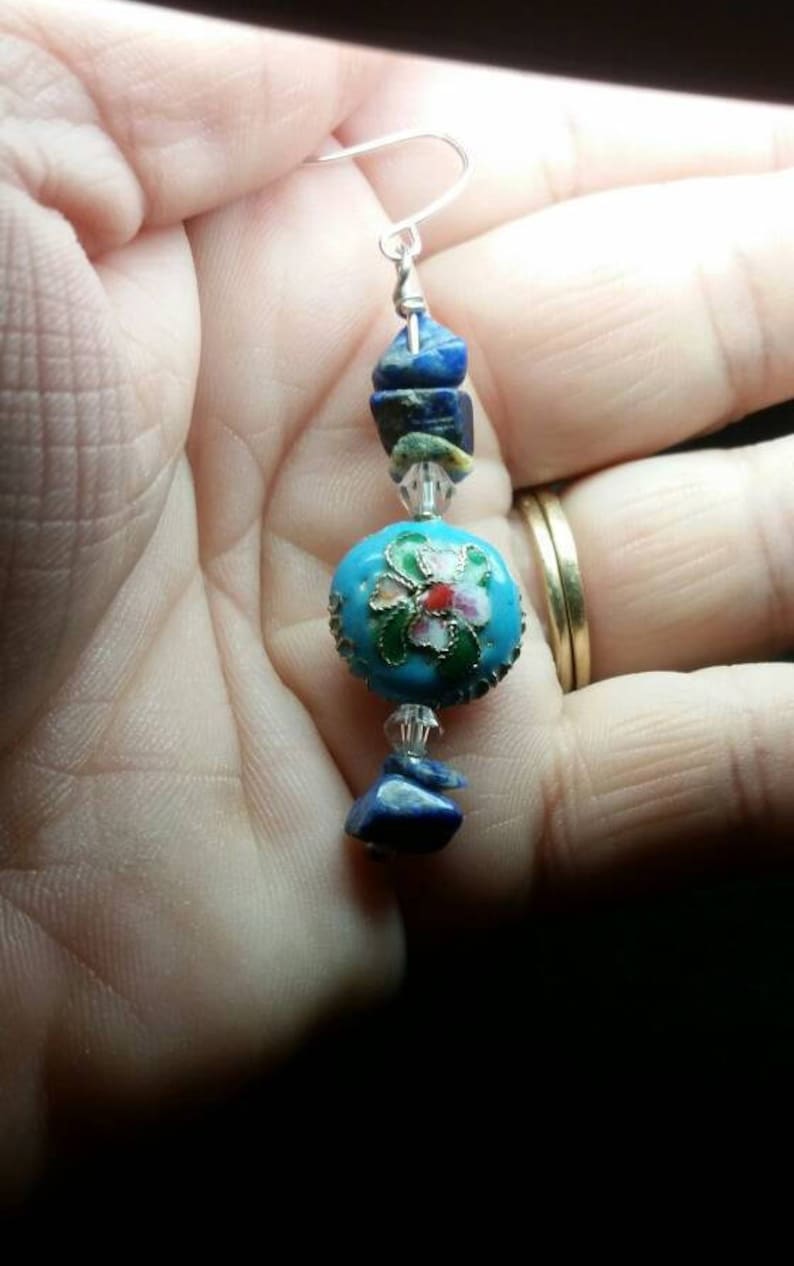 Cloisonne And Lapis Lazuli Bracelet Accented with Clear 4 mm bicone Crystals