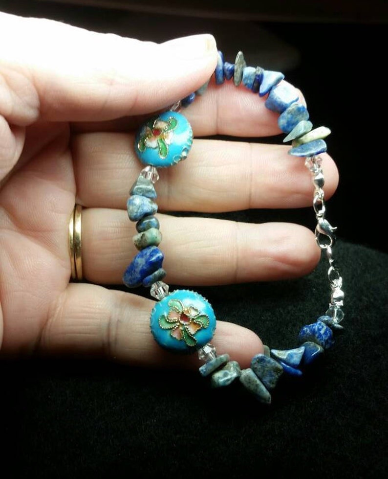 Cloisonne And Lapis Lazuli Bracelet Accented with Clear 4 mm bicone Crystals