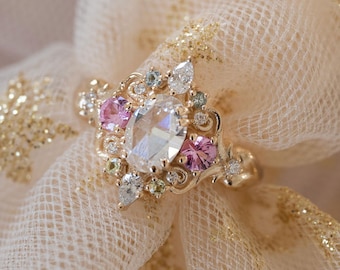 14K Yellow Gold Puffy Heart Ring, Rosecut Moissanite, Diamonds, Sapphires (Made to Order)