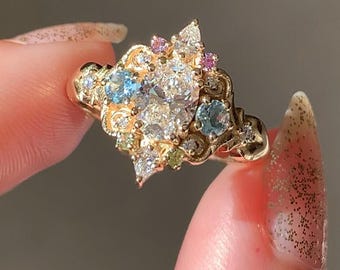 14K Yellow Gold Puffy Heart Ring, Oval Diamond, Pink Sapphires, Aquamarine (Size 6)