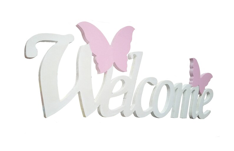 WELCOME decorative writing with Butterflies color White butterflies Pink L 40 x 15 h Sp. 8 mm image 1