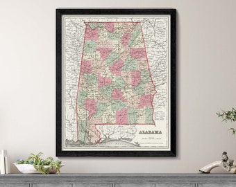 Alabama Map, State Map of Alabama, Vintage Wall Art, Colonial Antique State Map Style, Fine Art Giclée Print