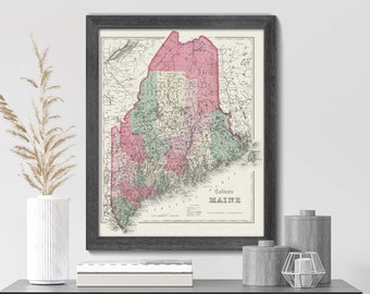 Historical State Map of Maine with cities counties capital, Vintage Wall Art, Fine Art Giclée Print, Maine Travel Push Pin Map, Old Maine