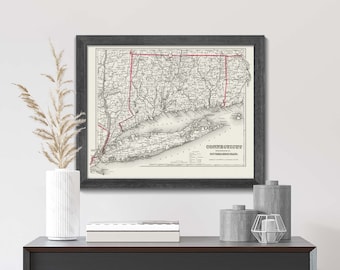 Connecticut Map, State Map of Connecticut, Vintage Wall Art, Colonial Antique State Map Style, Fine Art Giclée Print