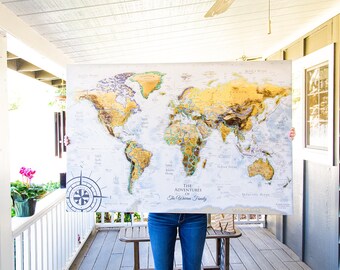 Personalized Giant World Map Canvas Wrap, Pinnable Push Pin Map or Wall Art, Wedding or Anniversary Gift for World Travelers