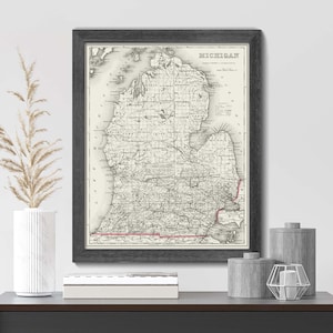 Historical State Map of Michigan with cities counties capital, Vintage Wall Art, Fine Art Giclée Print, Michigan Travel Push Pin Map