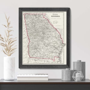 Historical State Map of Georgia with cities counties capital, Vintage Wall Art, Fine Art Giclée Print, Georgia Travel Push Pin Map