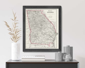 Historical State Map of Georgia with cities counties capital, Vintage Wall Art, Fine Art Giclée Print, Georgia Travel Push Pin Map