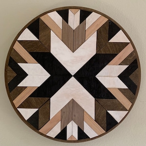 Round Wooden Barn Quilt Wall Art, black and white wooden barn quilt