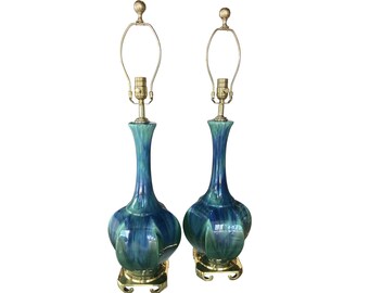 Vintage Pair of Blue Green Ceramic Table Lamps Brass Greek Key Base