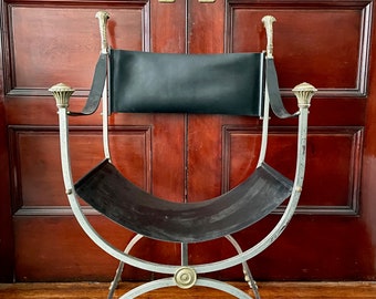 1960s Maison Jansen Steel and Brass Leather Savonarola Chair