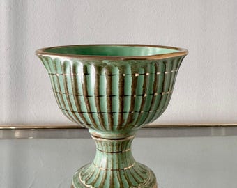 Vintage Hull Art Pottery vergoldeter grüner Sockel Pflanzer / Vase / Urne