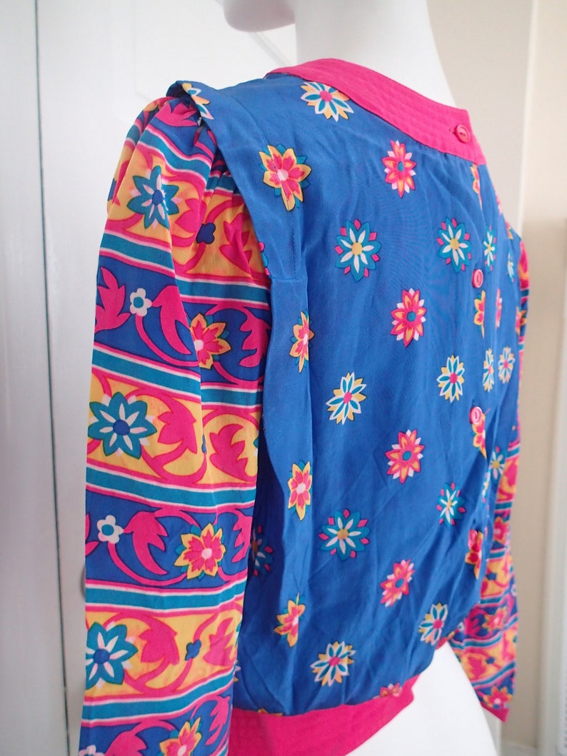Vintage 80s Nieman-Marcus blouse bright pink and blue