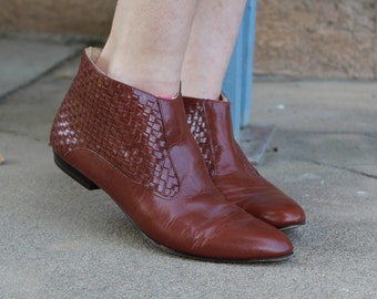 Trotters cognac brown woven ankle booties