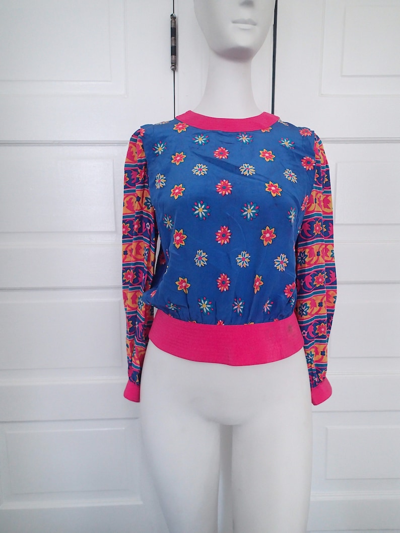 Vintage 80s Nieman-Marcus blouse bright pink and blue