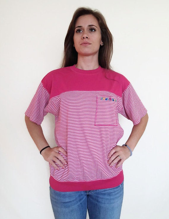 Pink striped 90s Karen Scott top - image 1