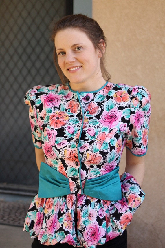 1980s bright floral party peplum blouse