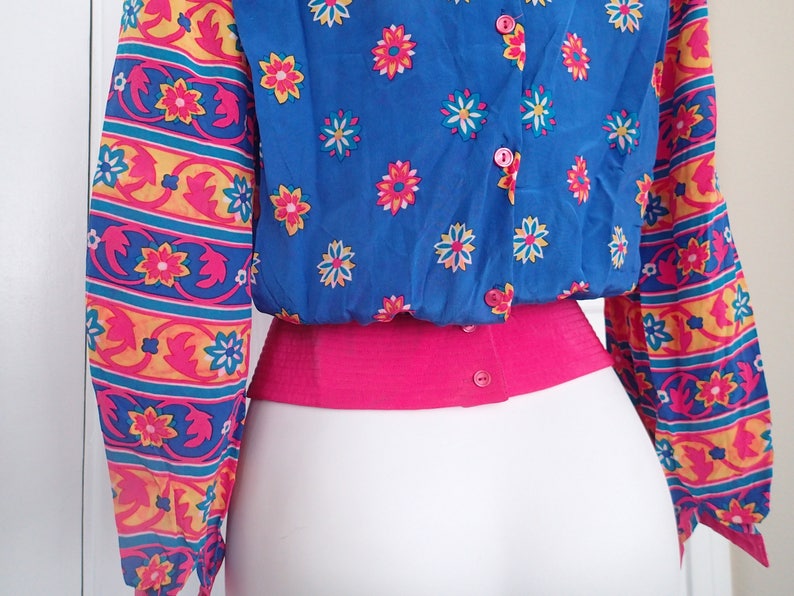 Vintage 80s Nieman-Marcus blouse bright pink and blue