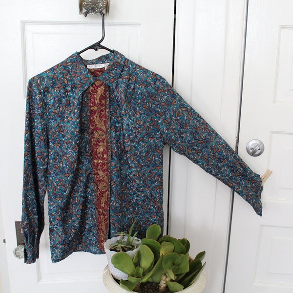 Teal and red paisley blouse