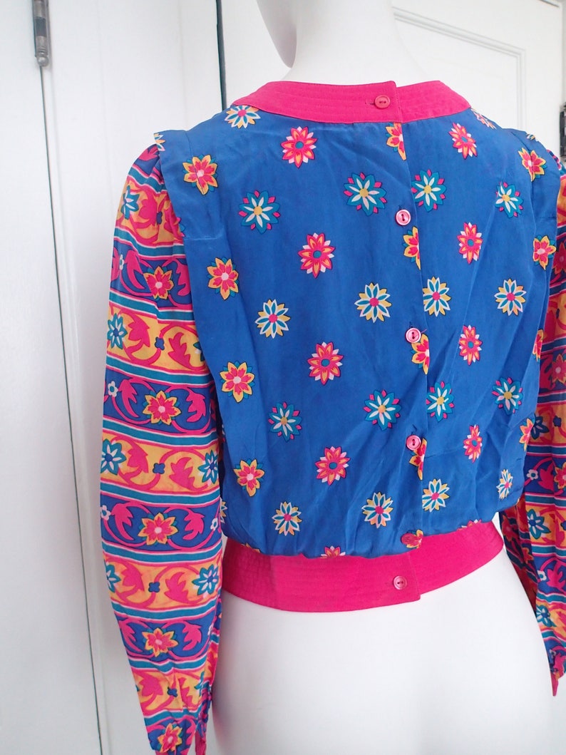 Vintage 80s Nieman-Marcus blouse bright pink and blue