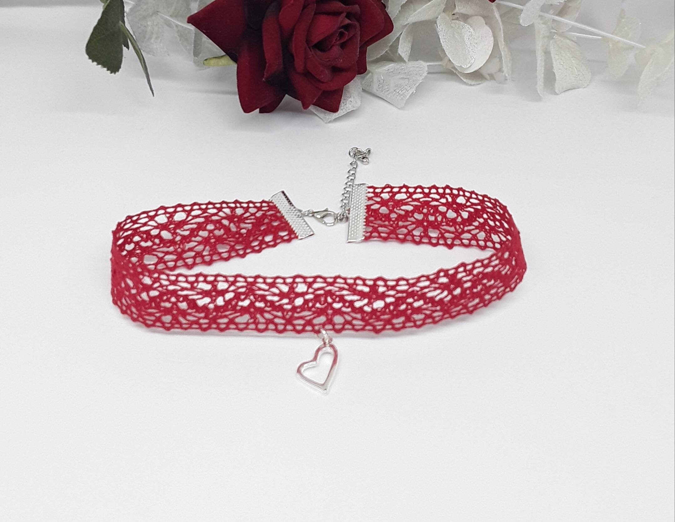 Red Lace Choker With Heart Charm Etsy