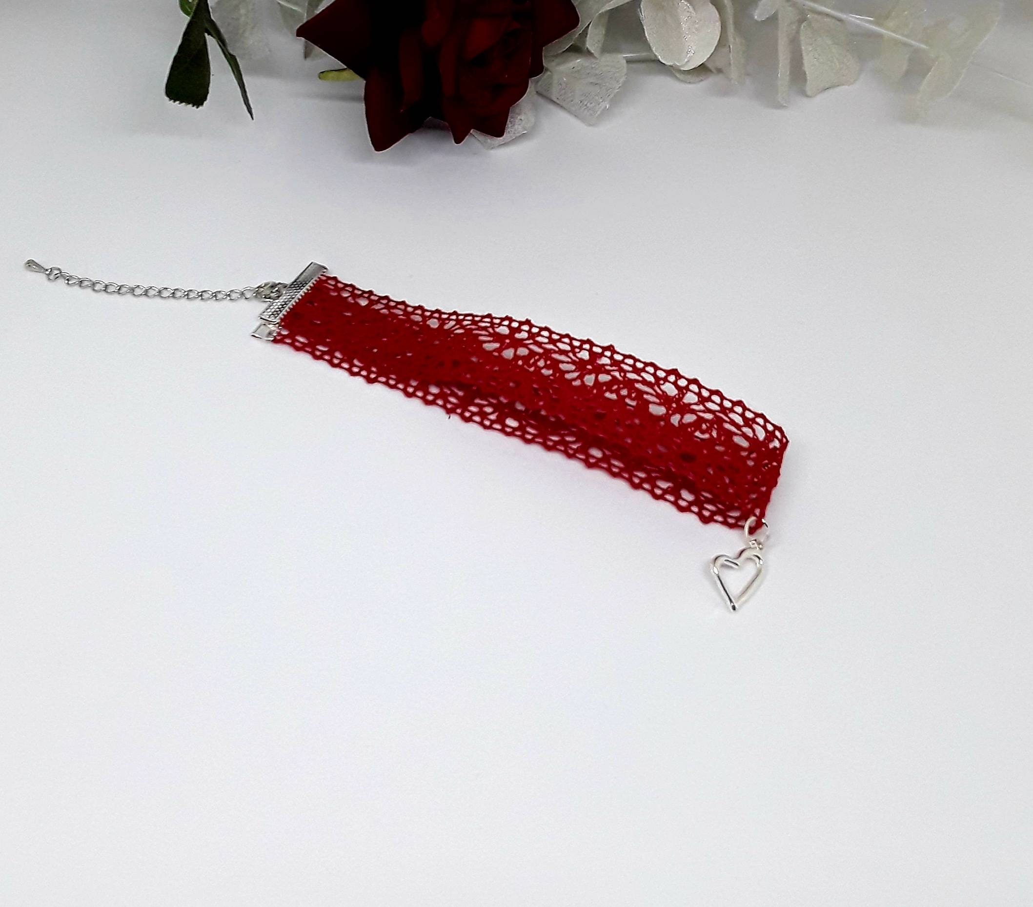 Red Lace Choker With Heart Charm Etsy