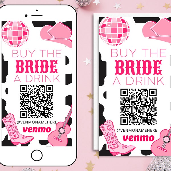 Disco Cowgirl Buy The Bride A Drink Venmo Card Printable DIGITAL DOWNLOAD, Venmo Card, Bachelorette Party, Nashville, Austin, Space Cowboy