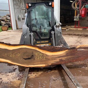 May include: A large, dark brown wood slab with a natural edge. The slab is 126 inches long, 21 inches wide, and 2.25 inches thick. The slab is resting on a metal frame and is being lifted by a small, black skid steer loader. The slab has a natural, live edge and a beautiful grain pattern.