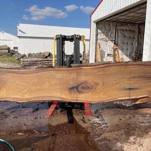Op de afbeelding: Een grote, bruine houten plaat met een natuurlijke rand en een knoop in het midden. De plaat wordt opgetild door een vorkheftruck en het nummer "WIS3-10" staat op het oppervlak.