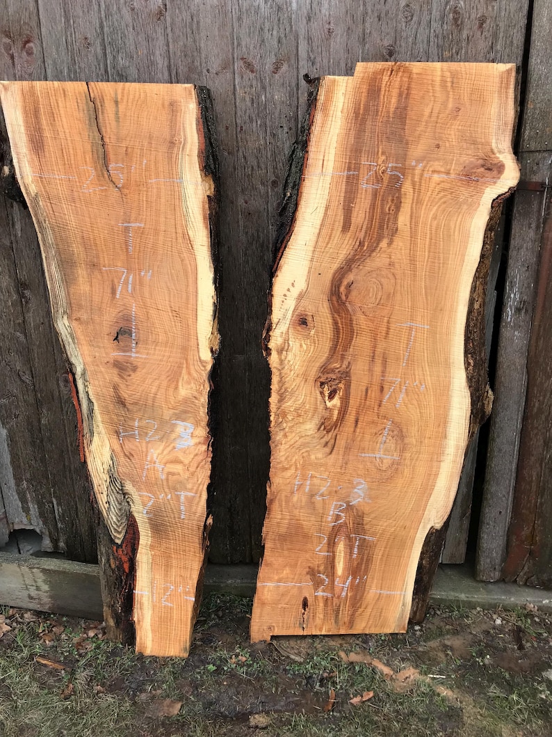 Pu&ograve; includere: Due tavole di legno non rifinite con bordi naturali e venature naturali. Le tavole sono marrone chiaro con bordi marroni e neri pi&ugrave; scuri. Segni bianchi indicano le misure.