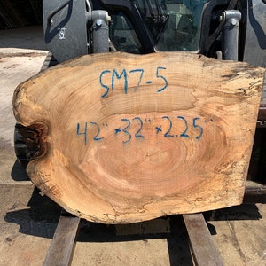May include: A large, light brown wood slab with a natural edge. The slab is marked with blue ink, "SM7-5 42" x 32" x 2.25".