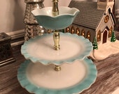 Rare Vintage 1950s Turquoise Hazel Atlas Ruffled Crinoline Tiered Tidbit Tray Vintage tiered dessert tray