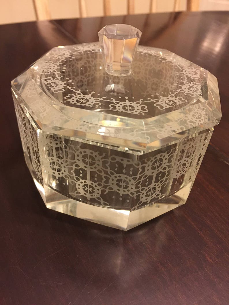 Vintage Crystal Powder Jar/ Octagon Vintage Powder Jar/etched Etsy