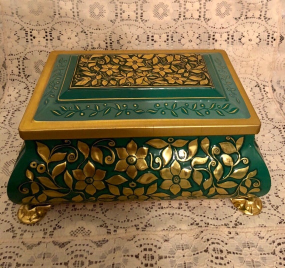 Vintage Fricke And Nacke Green And Gold Footed Tin Vintage Etsy