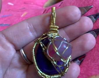 Purple and pink dyed agate wire wrapped pendant