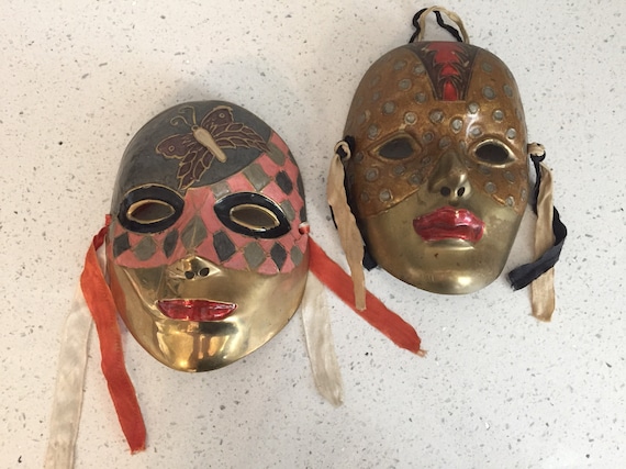Brass Mardi Gras Masks, Enamel, Solid Brass, Colorful, Unique, Wall Decor,  Gift 