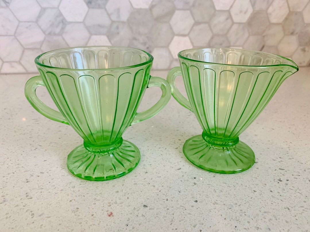 Green Depression Glass Sugar Bowl and Creamer Double Handled Etsy