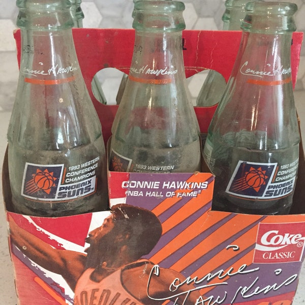 Coca-Cola flessen, Phoenix Suns, Connie Hawkins, 1993 westelijke conferentie kampioenen, set van 6 flessen, oorspronkelijke verpakking, NBA, basketbal