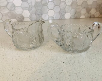 Crystal Sugar and Creamer Set, Scalloped Edge, etched flower design, heavy crystal creamer set, gift for her